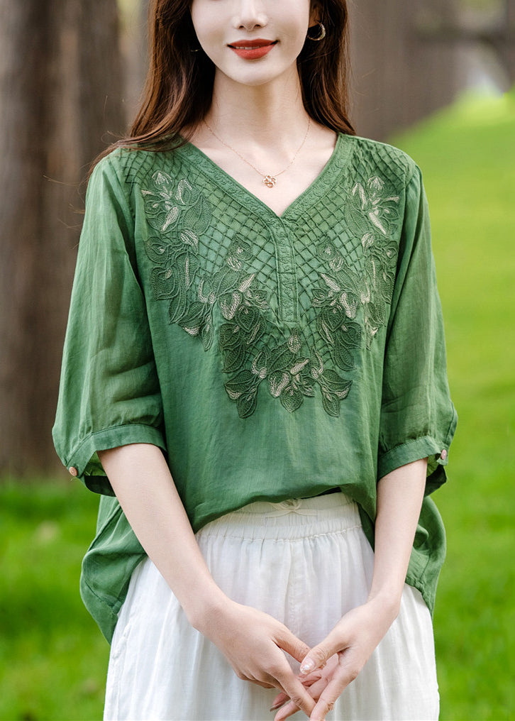 Loose Green V Neck Embroideried Patchwork Cotton T Shirt Half Sleeve