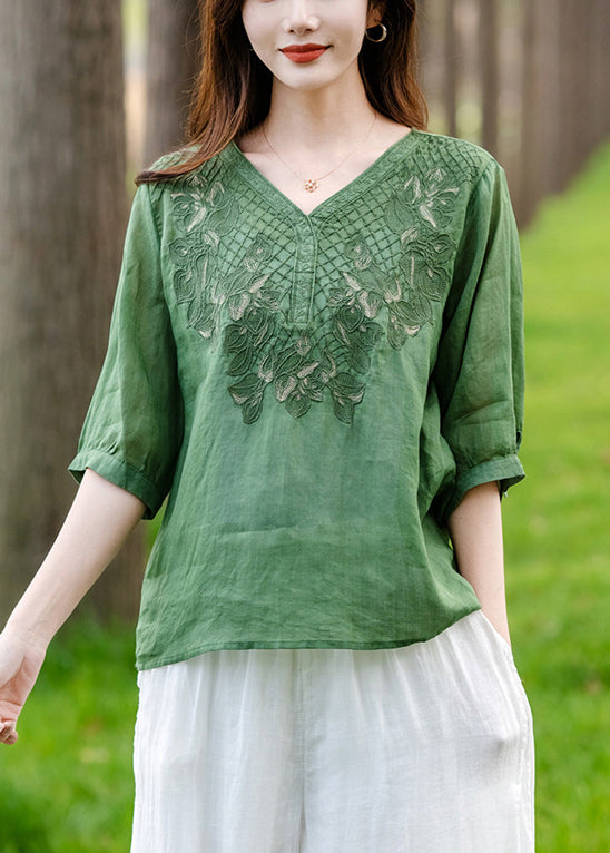Loose Green V Neck Embroideried Patchwork Cotton T Shirt Half Sleeve