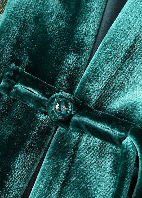 Loose Green V Neck Jacquard Patchwork Silk Velour Coats Fall