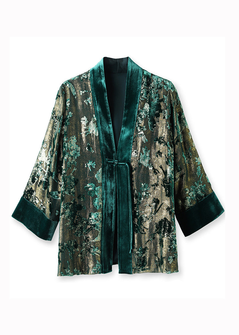 Loose Green V Neck Jacquard Patchwork Silk Velour Coats Fall