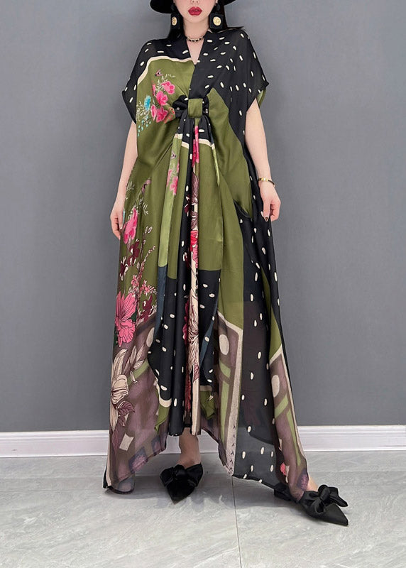 Loose Green V Neck Print Asymmetrical Wrinkled Chiffon Dresses Short Sleeve