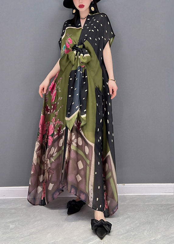 Loose Green V Neck Print Asymmetrical Wrinkled Chiffon Dresses Short Sleeve