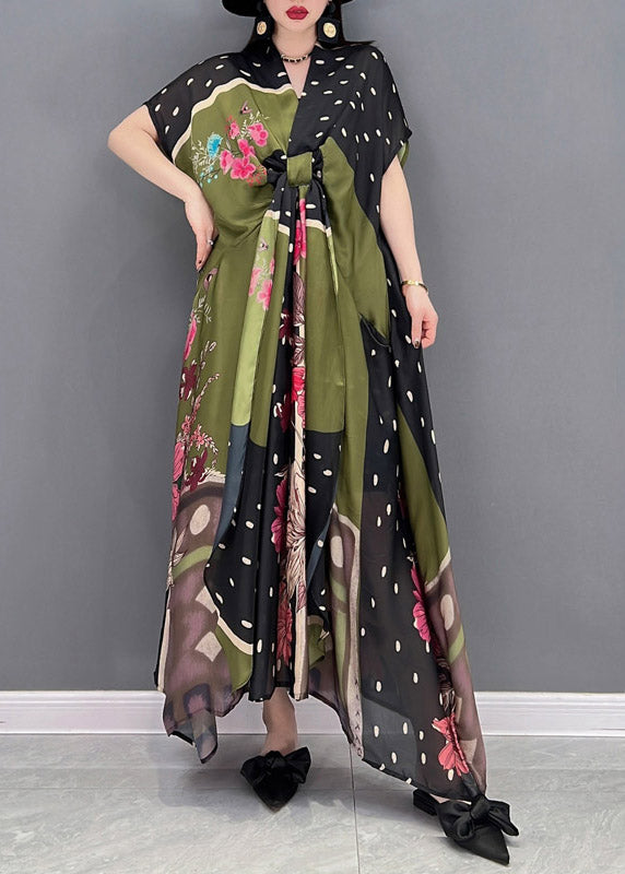 Loose Green V Neck Print Asymmetrical Wrinkled Chiffon Dresses Short Sleeve