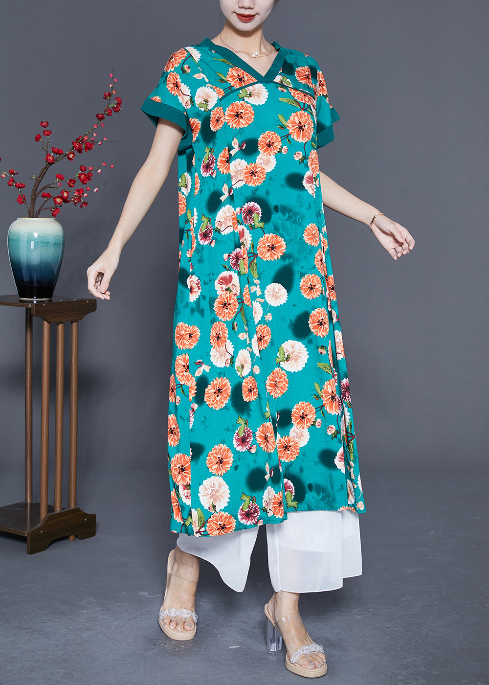 Loose Green V Neck Print Cotton Maxi Dress Summer