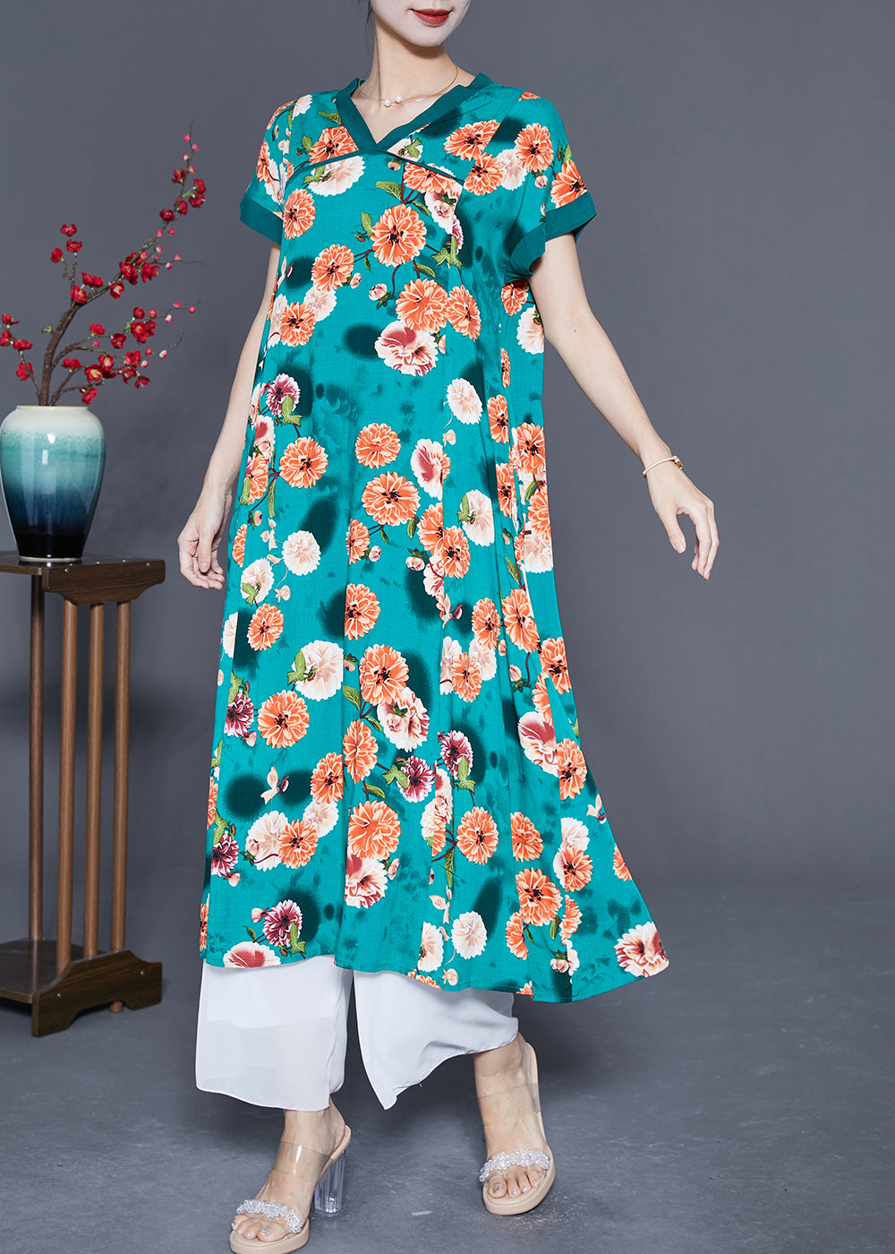 Loose Green V Neck Print Cotton Maxi Dress Summer