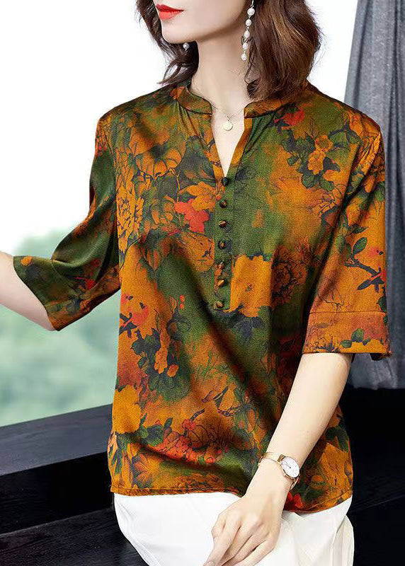 Loose Green V Neck Print Patchwork Silk Tops Summer