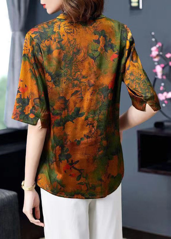 Loose Green V Neck Print Patchwork Silk Tops Summer