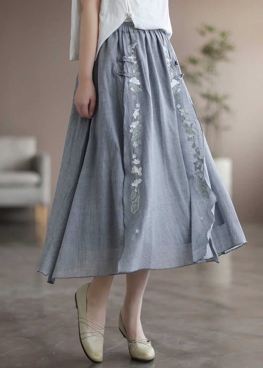 Loose Grey Embroideried Elastic Waist Patchwork Linen Skirt Fall