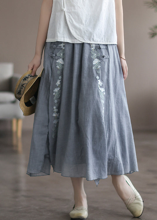 Loose Grey Embroideried Elastic Waist Patchwork Linen Skirt Fall
