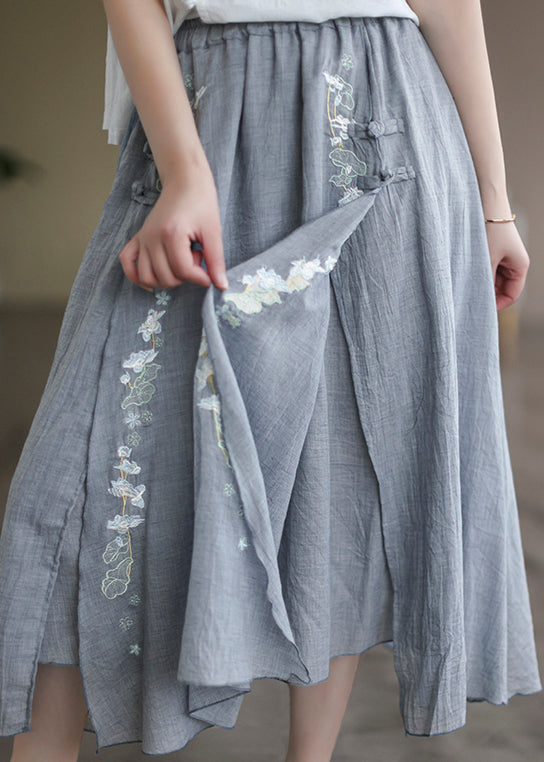 Loose Grey Embroideried Elastic Waist Patchwork Linen Skirt Fall - Omychic