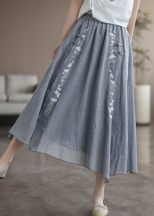 Loose Grey Embroideried Elastic Waist Patchwork Linen Skirt Fall - Omychic