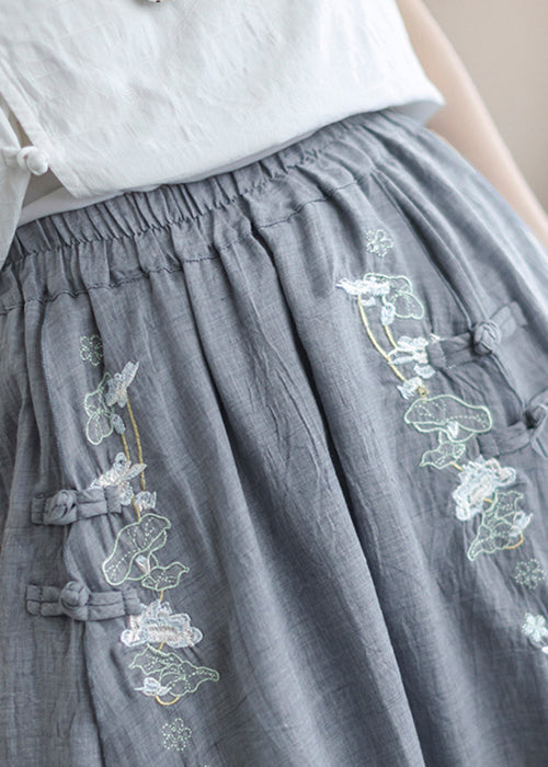 Loose Grey Embroideried Elastic Waist Patchwork Linen Skirt Fall - Omychic