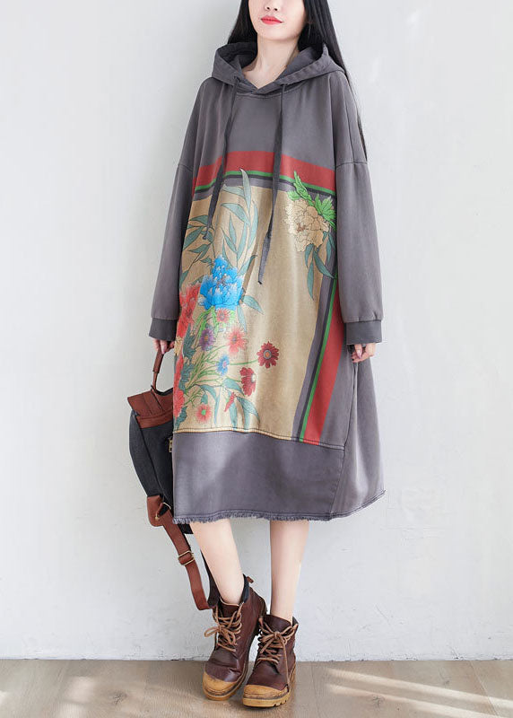 Loose Grey Hooded Print Cotton Maxi Dresses Spring