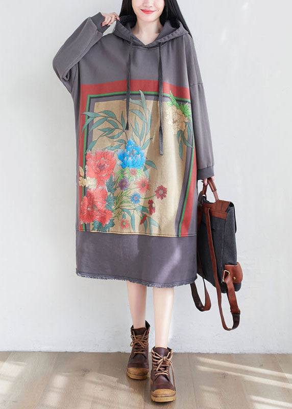 Loose Grey Hooded Print Cotton Maxi Dresses Spring