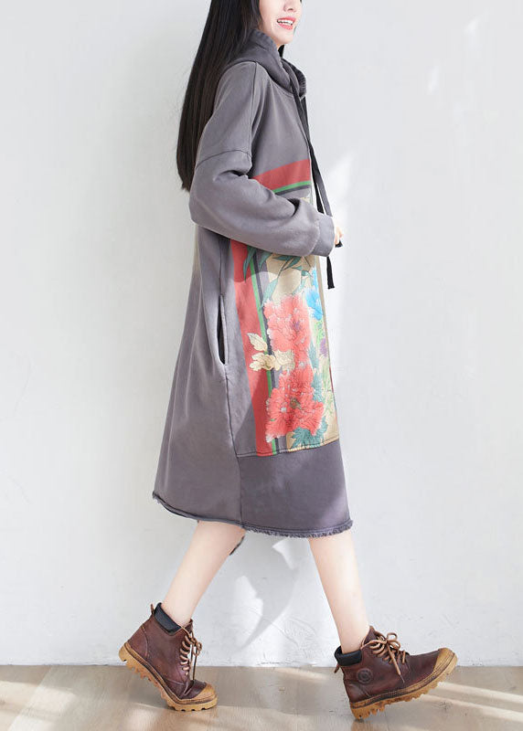 Loose Grey Hooded Print Cotton Maxi Dresses Spring