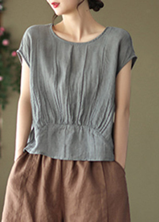 Loose Grey O-Neck Linen Shirt Short Sleeve