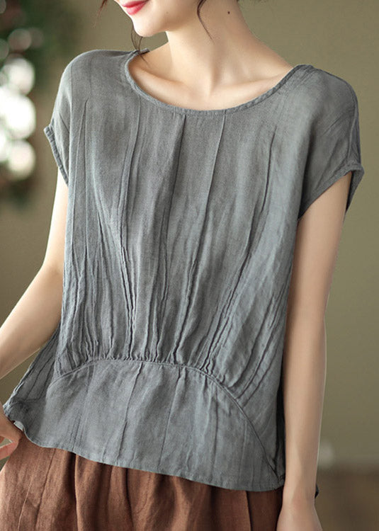 Loose Grey O-Neck Linen Shirt Short Sleeve