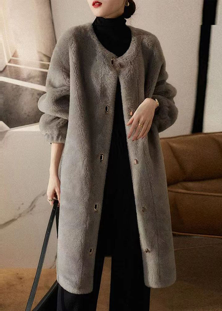 Loose Grey O Neck Pockets Patchwork Wool Coats Winter
