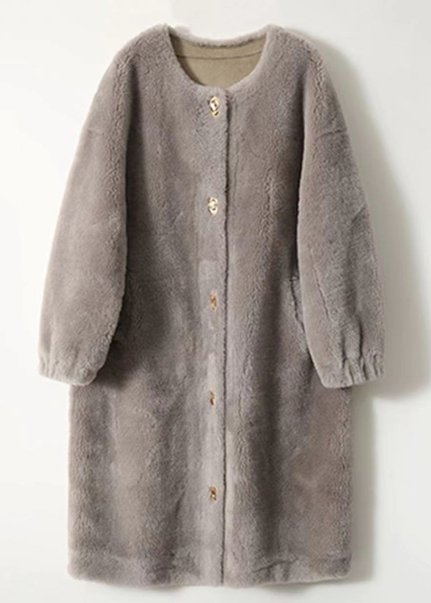 Loose Grey O Neck Pockets Patchwork Wool Coats Winter