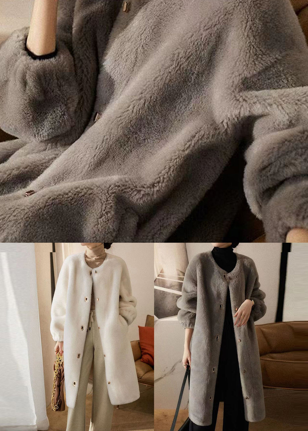 Loose Grey O Neck Pockets Patchwork Wool Coats Winter