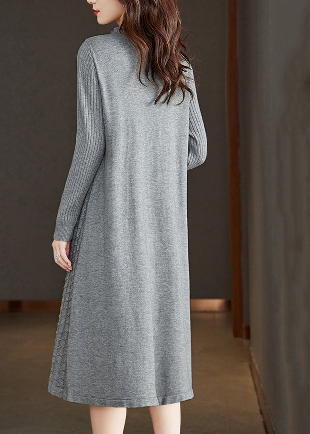 Loose Grey O Neck Pockets Patchwork Woolen Dress Fall