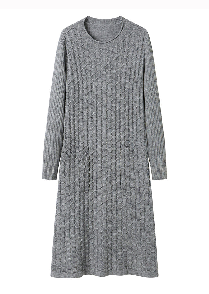 Loose Grey O Neck Pockets Patchwork Woolen Dress Fall