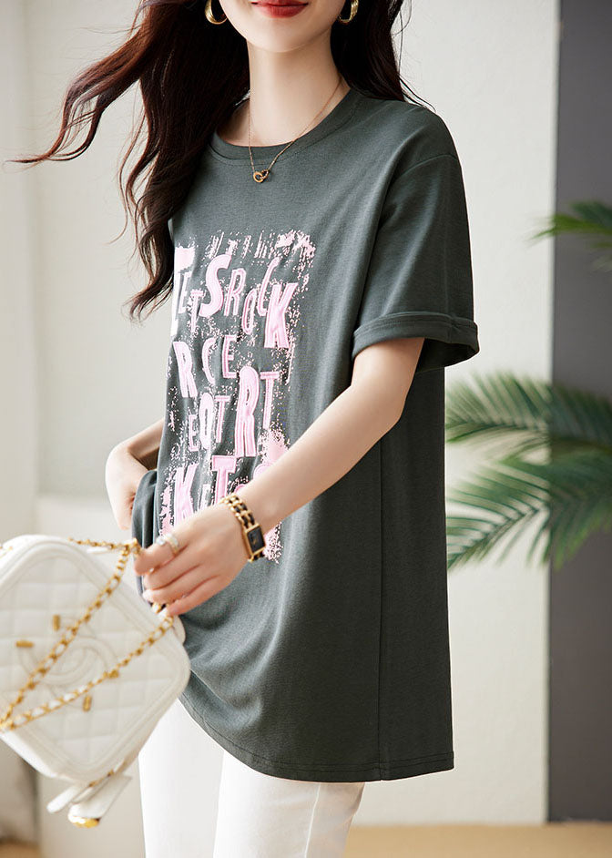 Loose Grey O-Neck Print Top Short Sleeve