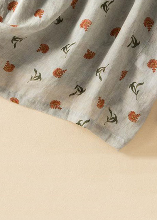 Loose Grey Print Peter Pan Collar Button Linen Blouse Top Summer