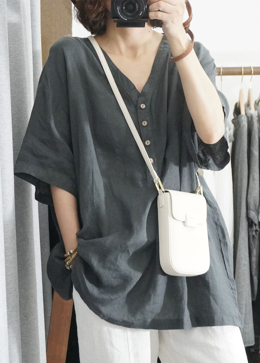 Loose Grey V Neck Button Patchwork Linen Shirt Top Summer