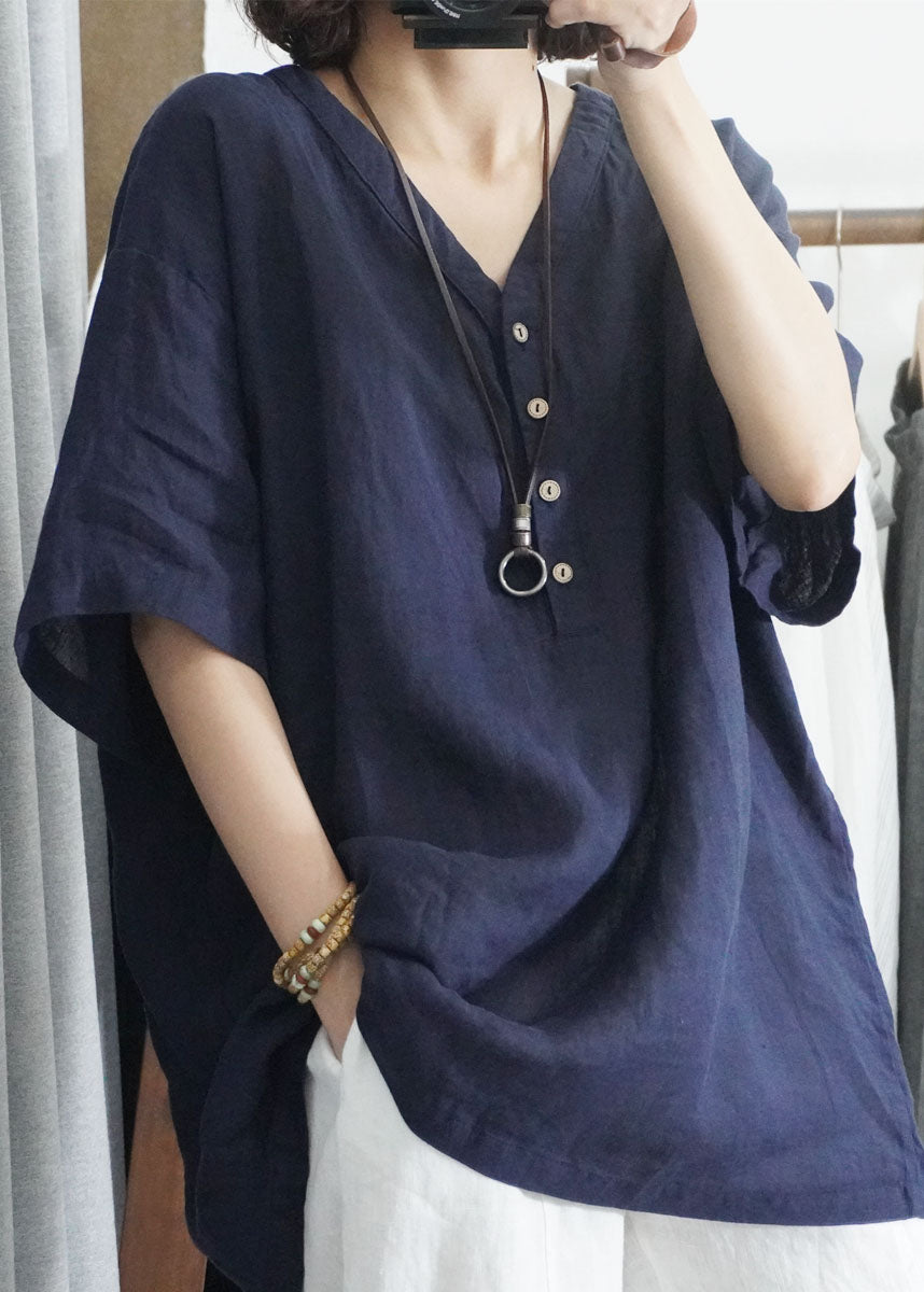 Loose Grey V Neck Button Patchwork Linen Shirt Top Summer