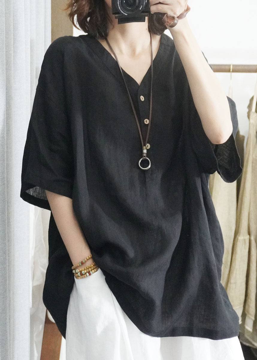 Loose Grey V Neck Button Patchwork Linen Shirt Top Summer