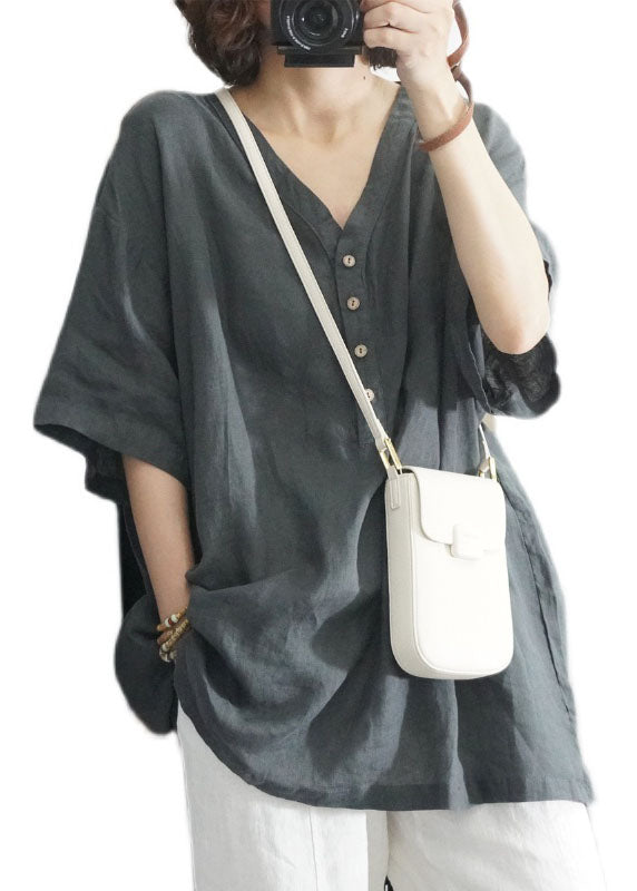 Loose Grey V Neck Button Patchwork Linen Shirt Top Summer
