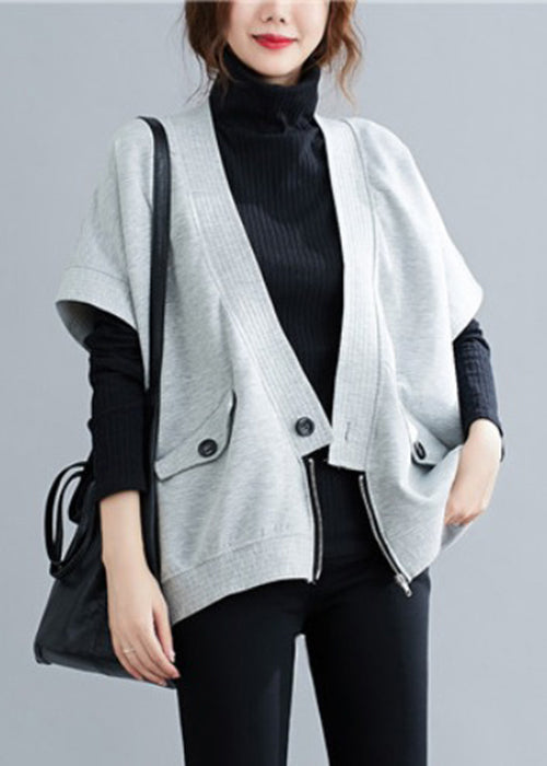 Loose Grey Zippered Button Patchwork Cotton Waistcoat Fall