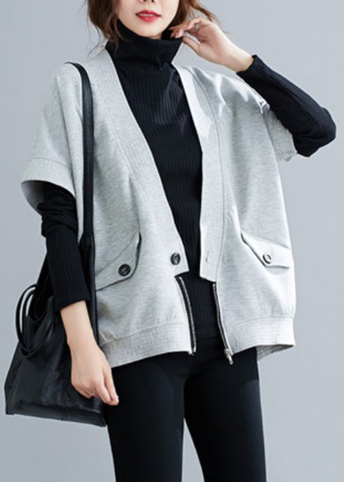 Loose Grey Zippered Button Patchwork Cotton Waistcoat Fall