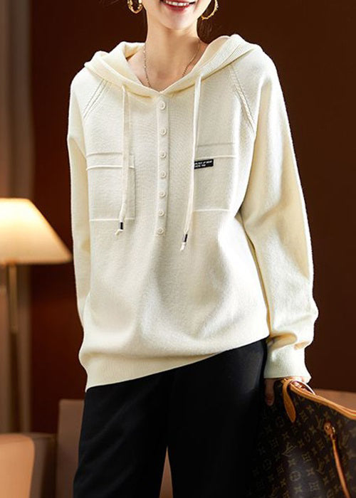 Loose Khaki Hooded Lace Up Cotton Knit Top Long Sleeve