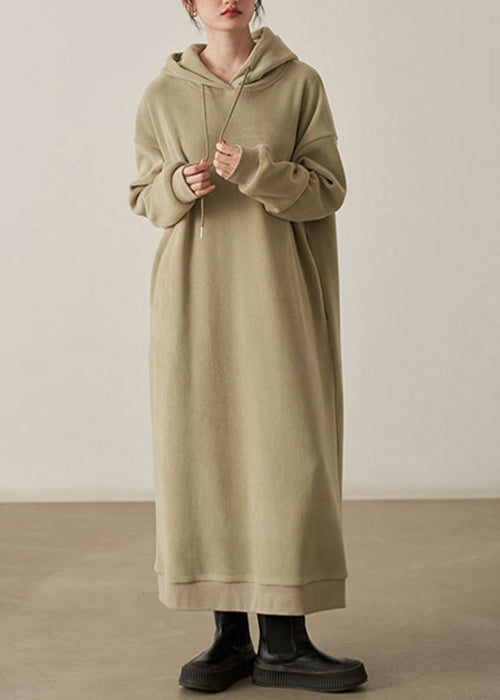 Loose Khaki Hooded Pockets Patchwork Woolen Long Dresses Fall