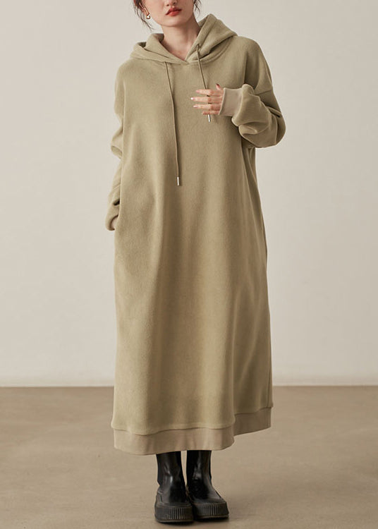 Loose Khaki Hooded Pockets Patchwork Woolen Long Dresses Fall