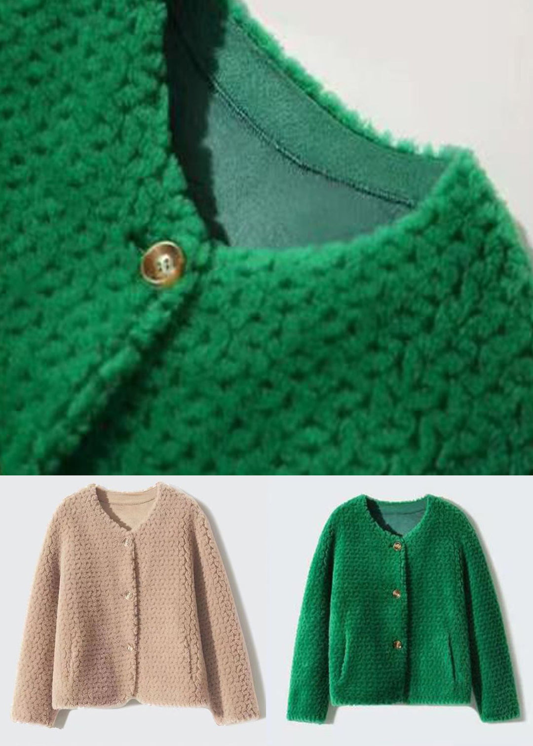 Loose Khaki O Neck Pockets Patchwork Wool Coats Winter