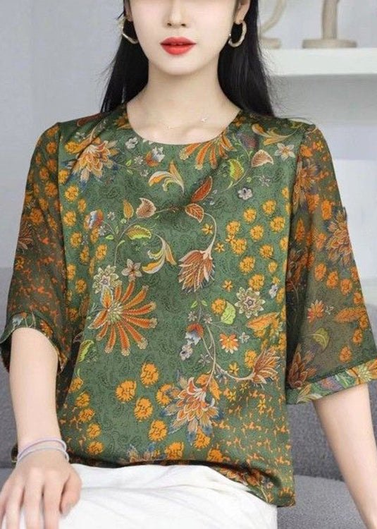 Loose Khaki O Neck Print Patchwork Silk T Shirts Half Sleeve