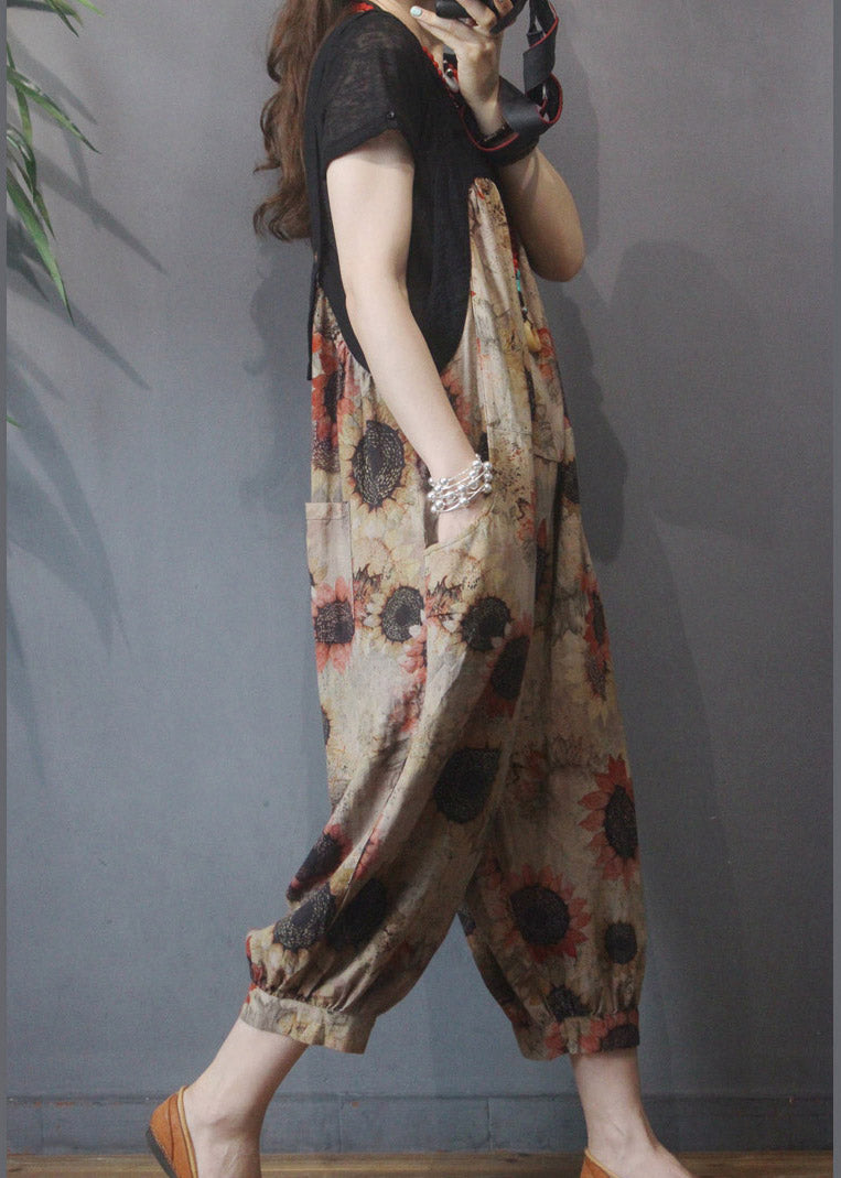 Loose Khaki Patchwork Print Pockets Linen Wide Leg Jumpsuits Summer