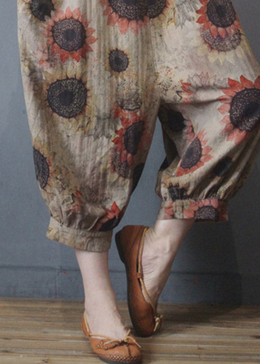 Loose Khaki Patchwork Print Pockets Linen Wide Leg Jumpsuits Summer