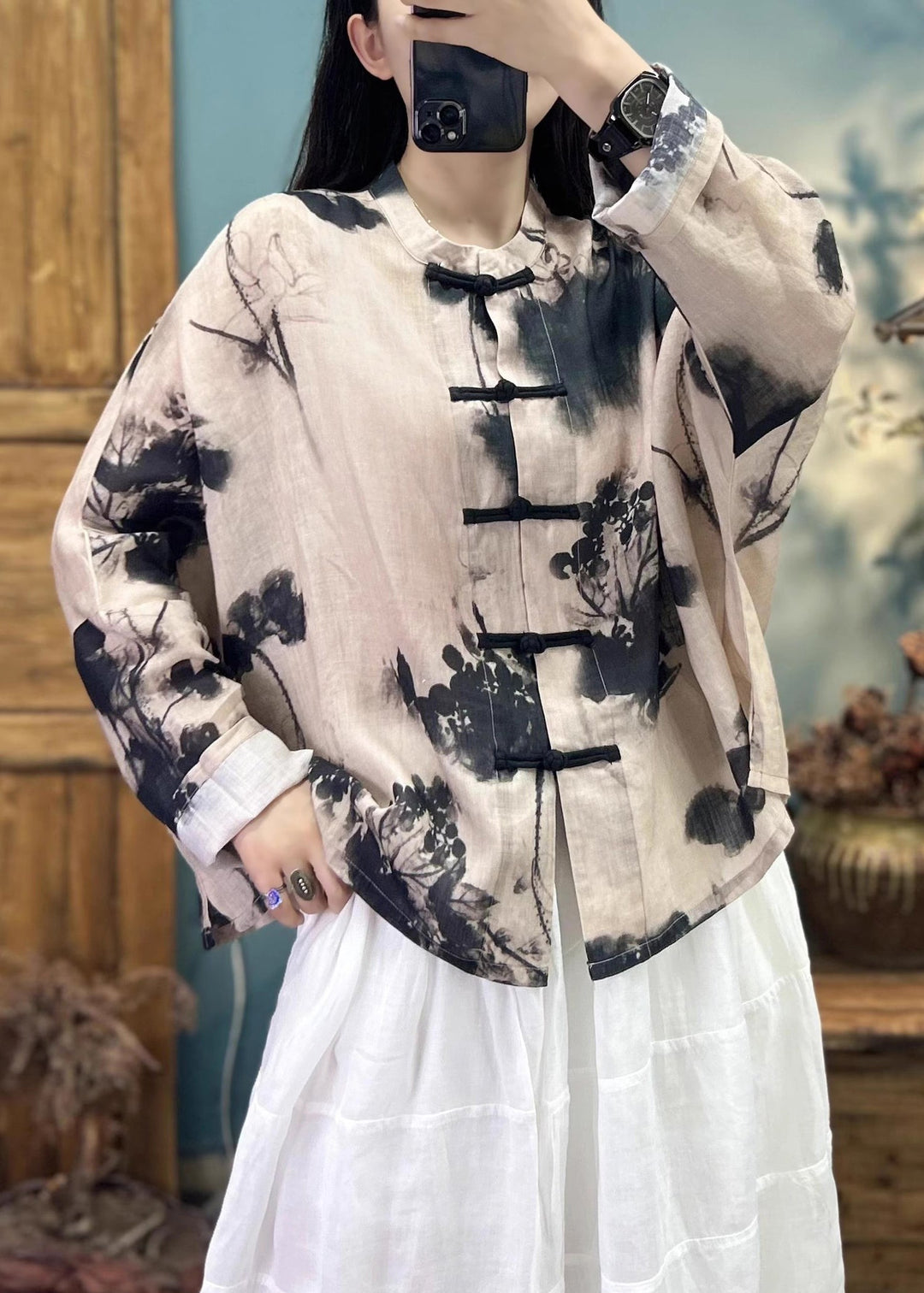 Loose Khaki Print Button Linen Coats Long Sleeve