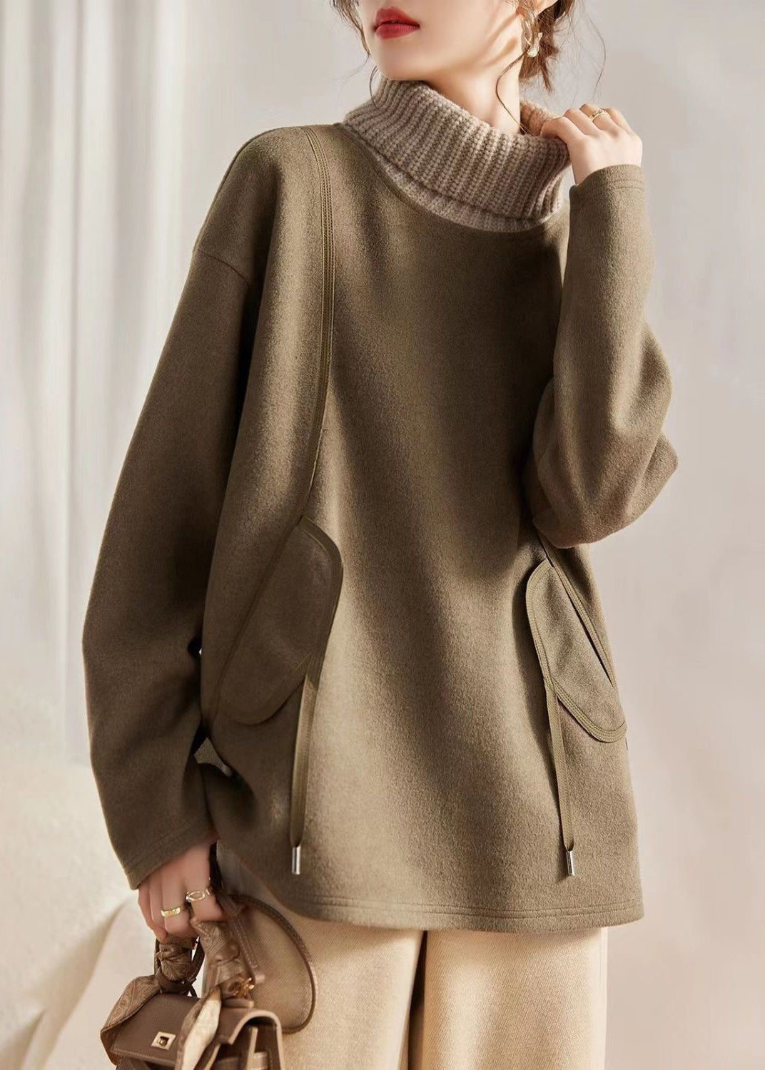 Loose Khaki Turtleneck Knit Patchwork Woolen Sweatshirts Long Sleeve