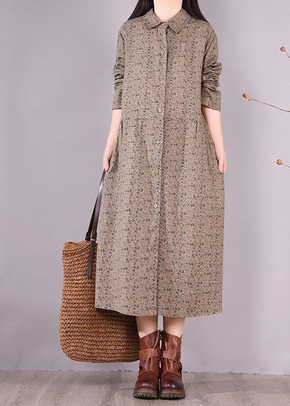Loose Lapel Button Down Spring Dress Women Christmas Gifts Gray Print Blouses - Omychic