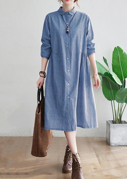 Loose Lapel Cinched Spring Tunic Sewing Blue Plaid Long Dress - Omychic