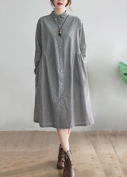 Loose Lapel Cinched Spring Tunic Sewing Blue Plaid Long Dress - Omychic