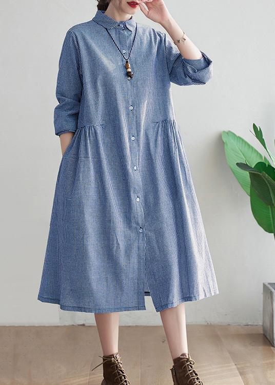 Loose Lapel Cinched Spring Tunic Sewing Blue Plaid Long Dress - Omychic