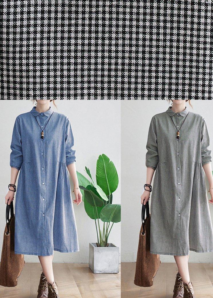 Loose Lapel Cinched Spring Tunic Sewing Blue Plaid Long Dress - Omychic