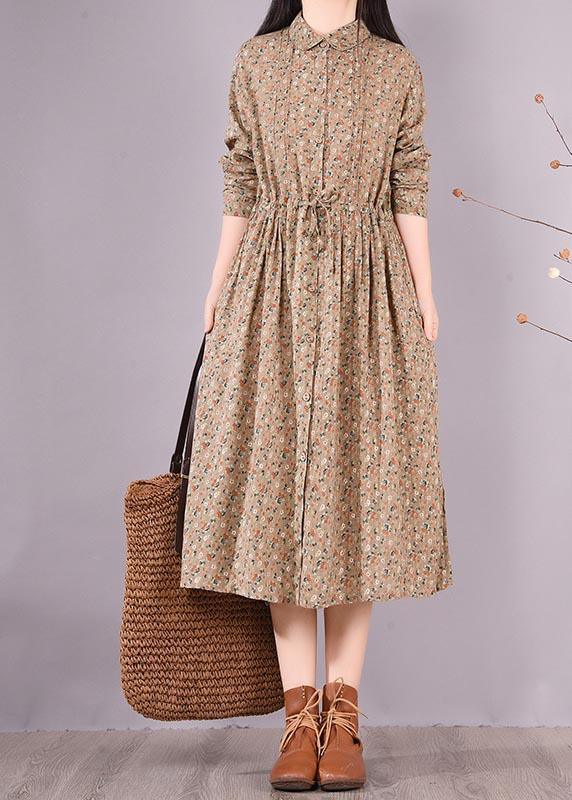 Loose Lapel Drawstring Spring Tunic Pattern Sewing Khaki Print Maxi Dresses - Omychic