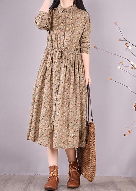 Loose Lapel Drawstring Spring Tunic Pattern Sewing Khaki Print Maxi Dresses - Omychic